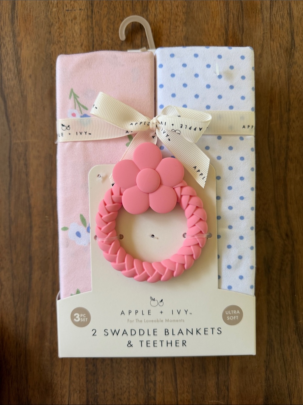 Pink Floral & Polka Dot Swaddle Set with Pink Flower Teether